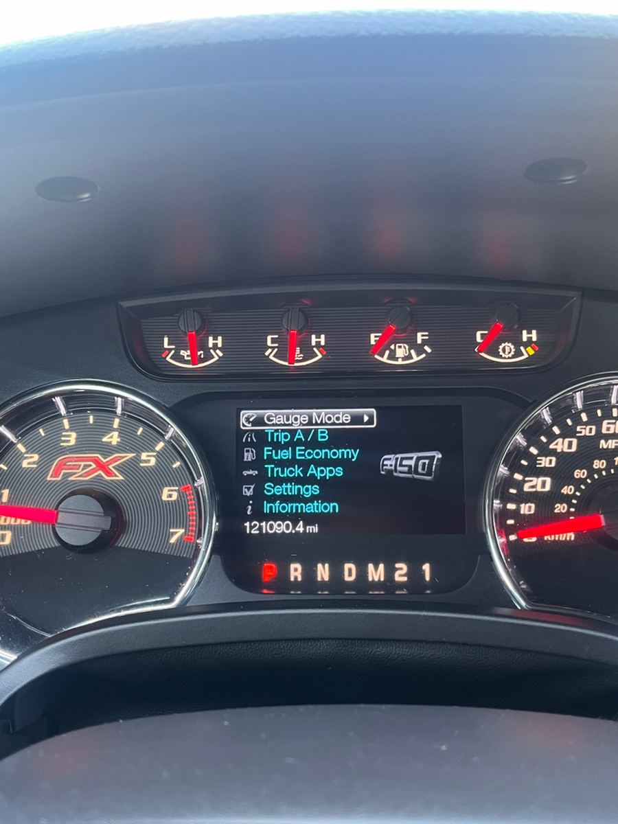 Ford F-150 instrument cluster at key on with the trip menu displayed