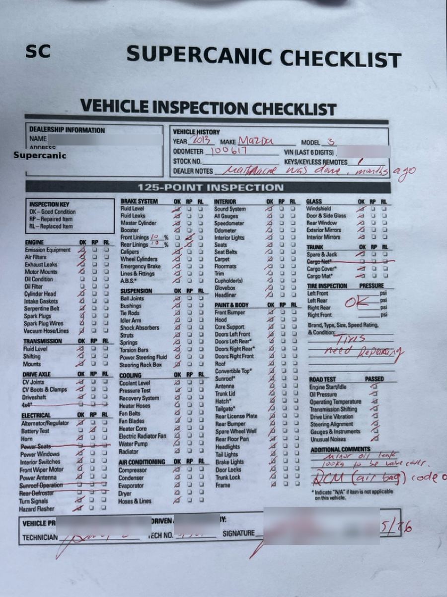 A completed Supercanic 125-point vehicle inspection checklist, ticked and annotated by hand, with the client name, VIN, technician and signature blurred out