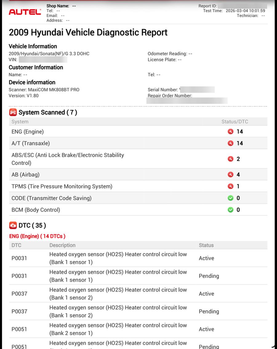 An Autel vehicle diagnostic report listing seven scanned systems and thirty-five stored fault codes, marked active or pending, with the VIN blurred out