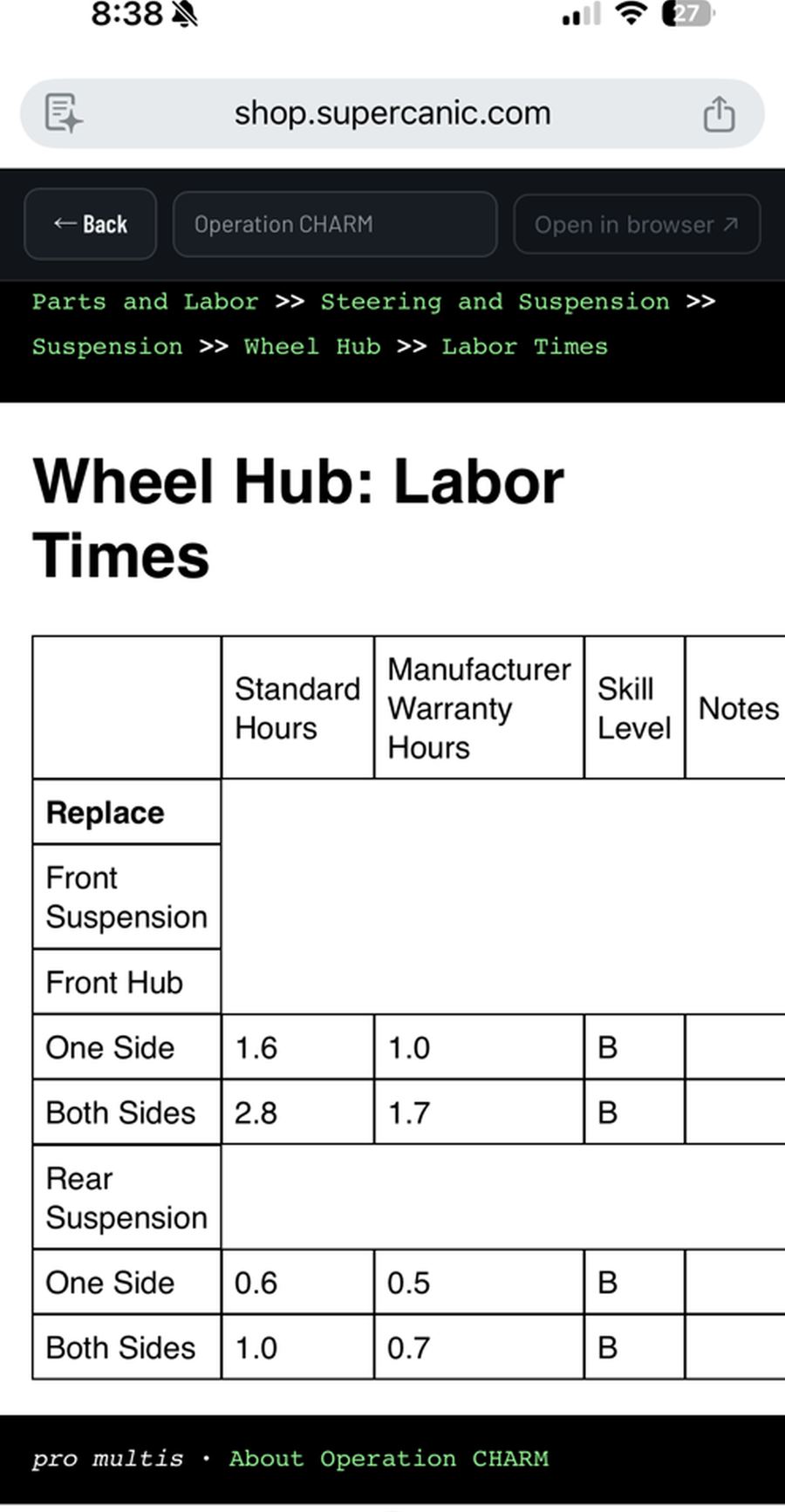 A phone screen showing a wheel hub labour-time table with standard hours, warranty hours and skill level