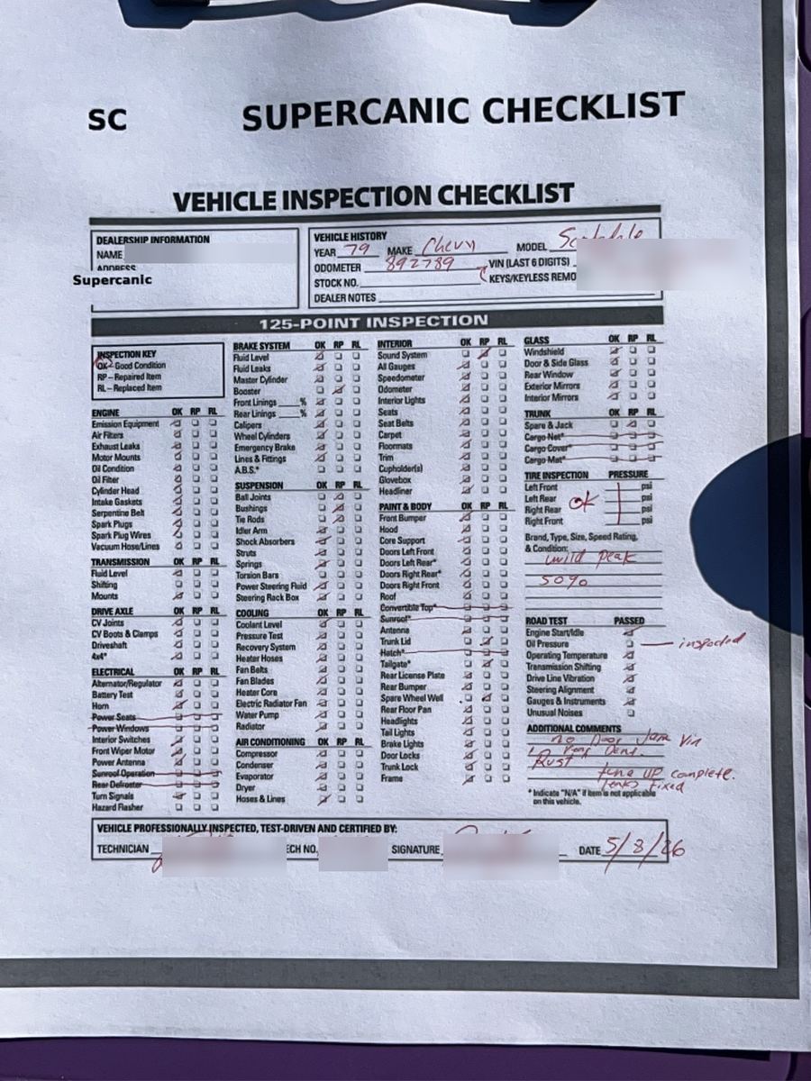 A Supercanic inspection checklist filled out in red pen in the field, with the identifying fields blurred out