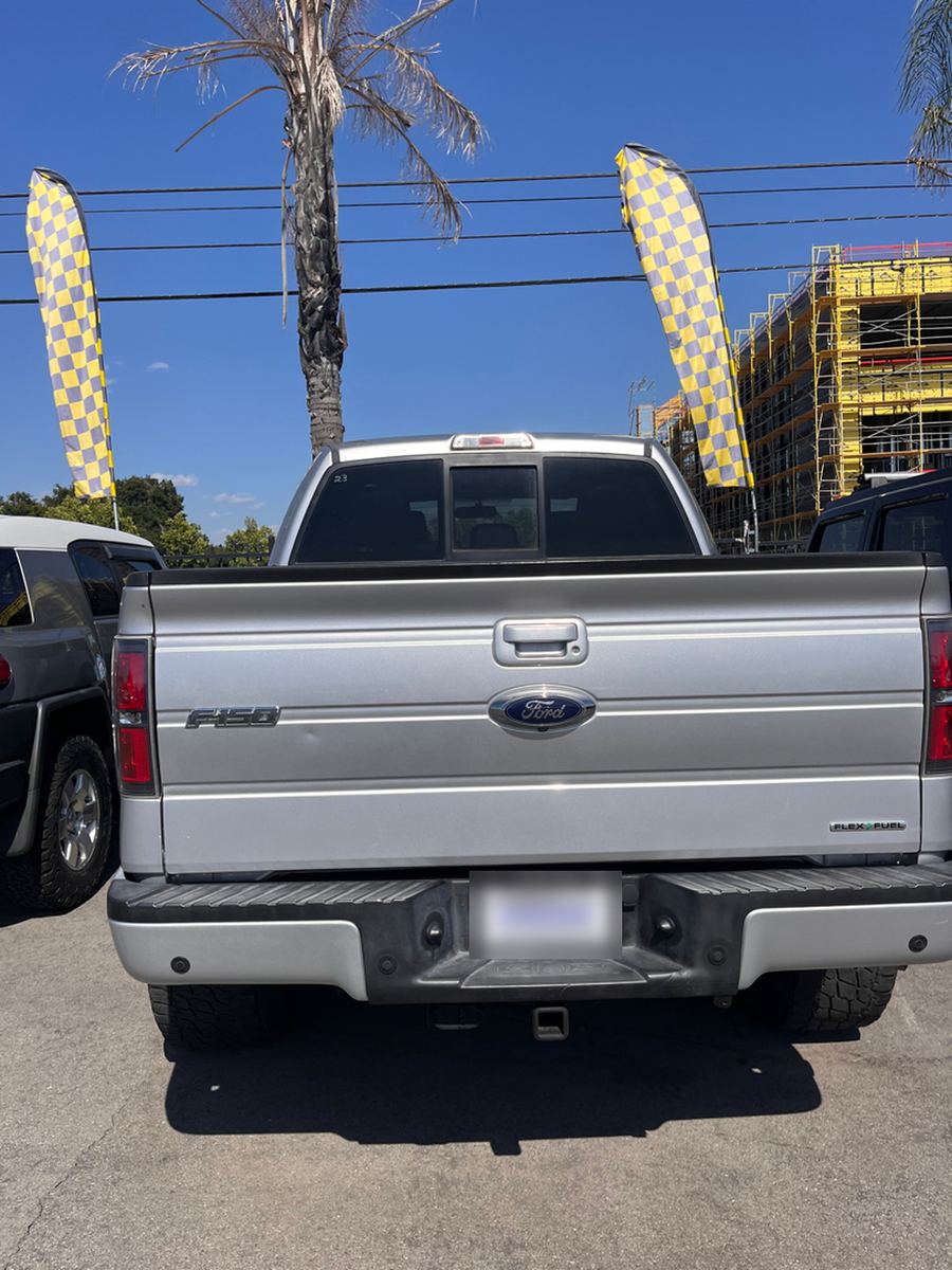 Tailgate and rear bumper of a silver Ford F-150, dealer plate blurred out