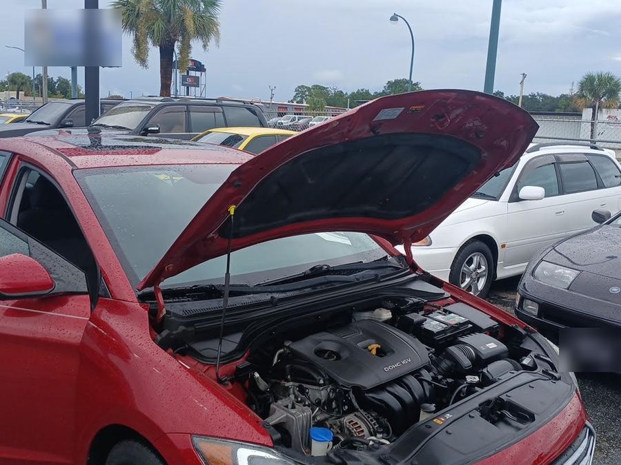 Engine bay of a red Hyundai Elantra with the hood propped open
