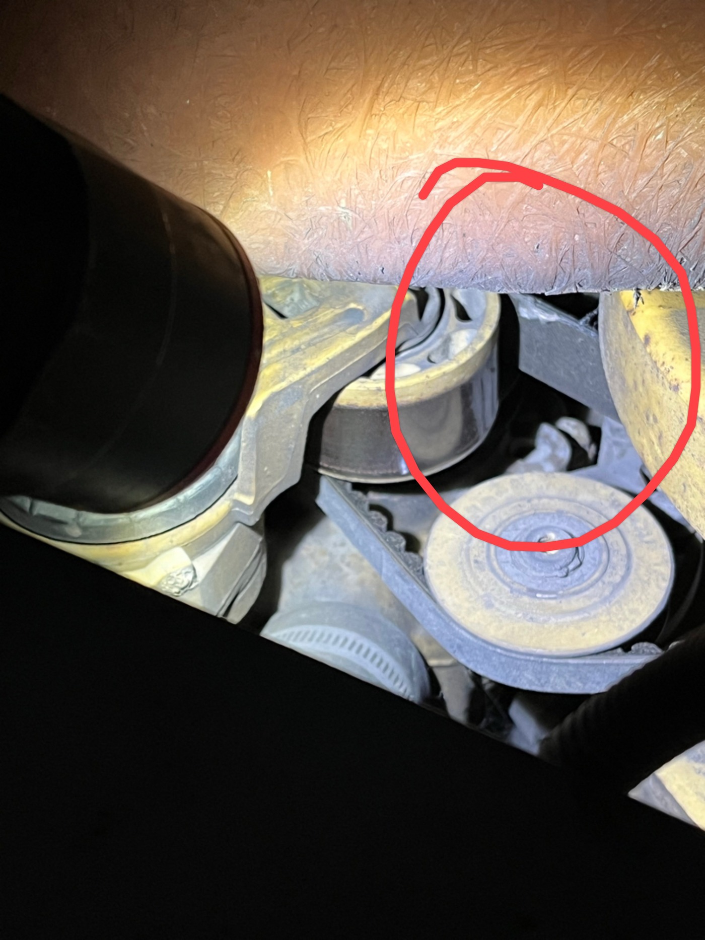 Serpentine belt and idler pulley under the engine cover of a Rialta motorhome, circled in red